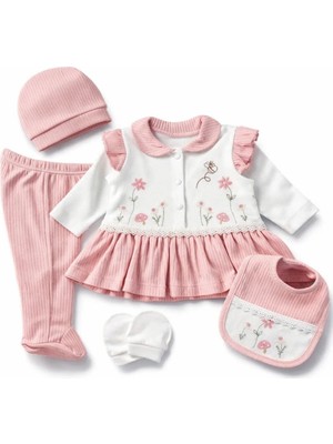 %100 Pamuk 5 Parça Çiçek Nakışlı Bebe Yakalı Kutulu Bebek Doğum Hediyesi Hastane Çıkışı