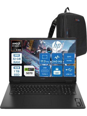Hp Omen Amd Ryzen Aı 9 365 32GB 512GB+512GB SSD 8GB/RTX5070 17.3" Qhd (2560X1440) 3ms IPS 240Hz Windows 11 Pro Taşınabilir Oyun Bilgisayarı CD5N0EAP35 + Zettaçanta