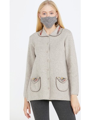 Sementa Bebe Yaka Nakışlı Kadın Triko Ceket - Vizon