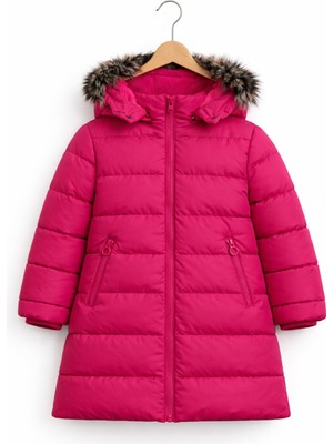 Kız Çocuk Fuşya Şişme Mont Kapüşonlu Kürklü Kışlık Uzun Model