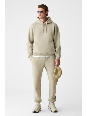 Grimelange Marshallhoodıe Erkek Pamuklu Içi Polarlı Nakışlı Relaxed Taş Rengi Eşofman Takımı