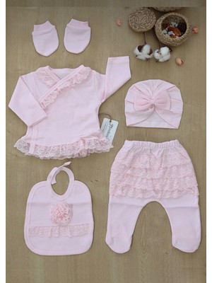 Kız Bebek Dantelli Lüks Fistolu Süslü 5 Li Hastane Çıkışı Yenidoğan Set