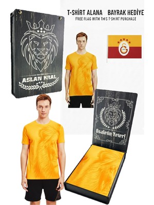 Galatasaray Orijinal Lisanslı Aslan Baskılı Sarı T-Shirt Bayrak ve Lazer Kutu Hediyeli