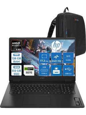 Hp Omen Amd Ryzen Aı 9 365 128GB 512GB SSD 8GB/RTX5070 17.3" Qhd (2560X1440) 3ms IPS 240Hz Windows 11 Home Taşınabilir Oyun Bilgisayarı CD5N0EAH41 + Zettaçanta
