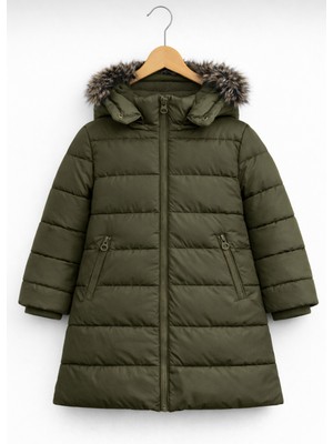 Kız Çocuk Haki Şişme Mont Kapüşonlu Kürklü Kışlık Uzun Model