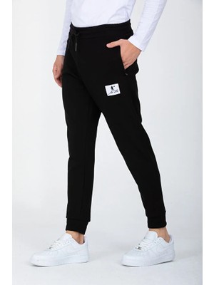 Dynamo Erkek Siyah Beli ve Paçası Lastikli Patch Detaylı Pamuklu Eşofman Altı  AS-416