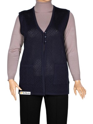 Hermevsim Hesna Kadın Yakut Triko Ajurlu Cepli Düğmeli Yırtmaçlı Lacivert Yelek