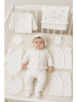 Be Happy Çiçekli Fistolu %100 Pamuk Yenidoğan Kız Bebek 10 Parça Hastane Çıkışı Zıbın Seti