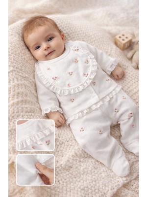 %100 Pamuk Çiçek Desenli Kız Bebek Zıbın Takımı | Önlük ve Eldivenli, Kutulu Hediye Seti