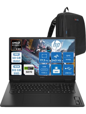 Hp Omen Amd Ryzen Aı 9 365 40GB 512GB SSD 8GB/RTX5070 17.3" Qhd (2560X1440) 3ms IPS 240Hz Windows 11 Home Taşınabilir Oyun Bilgisayarı CD5N0EAH13 + Zettaçanta