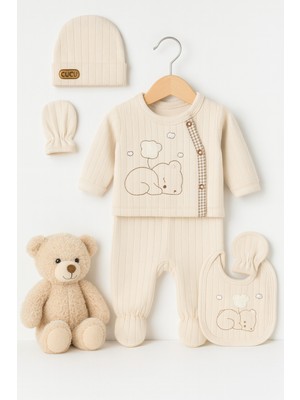 %100 Organik Pamuk 5’li Yenidoğan Bebek Takımı – Ayıcık Nakışlı Bej Ribana Set