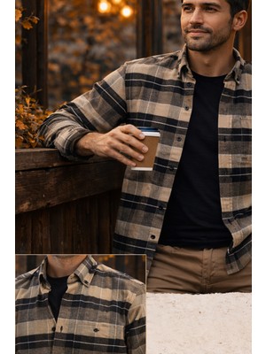 Varetta Erkek Kahverengi Kışlık Gömlek Kareli Cepli Geniş Kesim