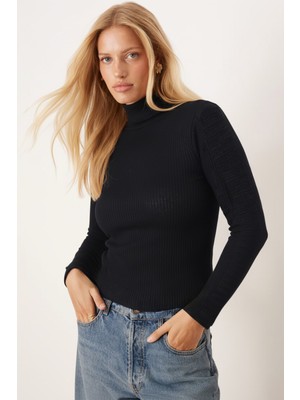 Armonika Kadın Siyah Balıkçı Yaka Kolu Şeritli Yumuşak Dokulu Bluz ARM-26K001043