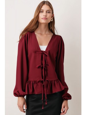 Armonika Kadın Bordo Önden Bağlamalı Etek Ucu Fırfırlı Kolları Lastikli Bluz ARM-26K001019