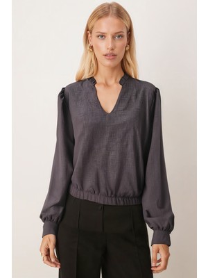 Armonika Kadın Füme V Yaka Yakası Pile Detaylı Beli Lastikli Manşetli Bluz ARM-26K001020