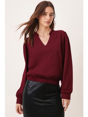 Armonika Kadın Bordo V Yaka Yakası Pile Detaylı Beli Lastikli Manşetli Bluz ARM-26K001020