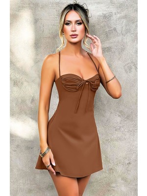İlkyaz Fashion Arias Closet Özel Tasarım Ince Askılı Sırt Dekolteli Kahverengi Mini Saten Gecelik