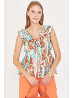 Armonika Kadın Turkuaz V Yaka Yakası Fırfırlı Beli Lastikli Bluz ARM-25Y001076