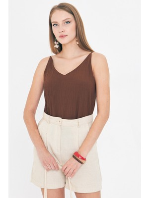 Armonika Kadın Koyu Kahve Keten Görünümlü Askılı Bluz ARM-24Y001064