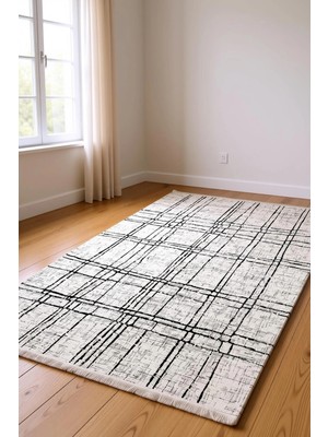 Blghome Dekoratif Halı Krem Renk Siyah Çizgi Detaylı