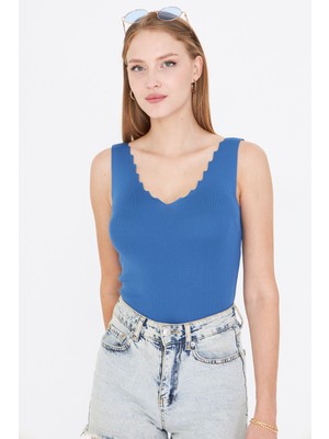 Armonika Kadın Koyu Mavi Zigzaglı V Yaka Kaşkorse Bluz ARM-23Y069004