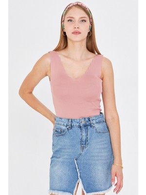 Armonika Kadın Gül Kurusu Zigzaglı V Yaka Kaşkorse Bluz ARM-23Y069004