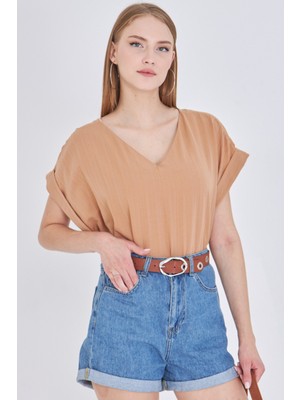 Armonika Kadın Vizon V Yaka Yanları Yırtmaçlı Arkası Uzun Duble Kol Detaylı Oversize Bluz ARM-24Y001074