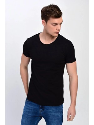 Dynamo Erkek Siyah Büyük Beden Bisiklet Yaka Likralı Basic T-Shirt T-340