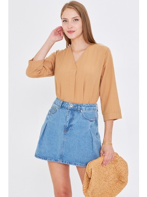 Armonika Kadın Vizon V Yaka Çeyrek Kol Bluz ARM-25Y001024