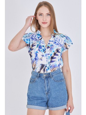 Armonika Kadın Mavi Yakası ve Kolları Fırfırlı Bluz ARM-25Y001028