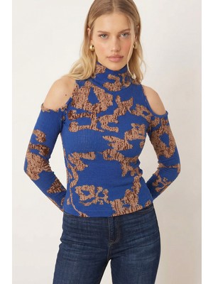 Armonika Kadın Mavi-Bej Balıkçı Yaka Omuz Dekolteli Uzun Kollu Bluz ARM-26K001061