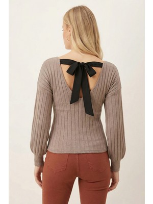 Armonika Kadın Vizon Ön Arka V Yakalı Sırtı Bağlamalı Bluz ARM-26K001080
