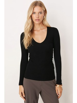 Armonika Kadın Siyah V Yaka Uzun Kol Body Bluz ARM-26K135005