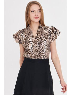 Armonika Kadın Kahve Yakası ve Kolları Fırfırlı Bluz ARM-25Y001028