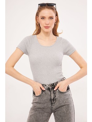 Armonika Kadın Gri Bisiklet Yaka Kısa Kol Fitilli Bluz ARM-24Y133006