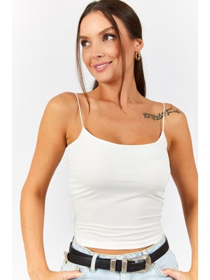 Armonika Kadın Ekru Ip Askılı Astarlı Crop Bluz ARM-22Y055003