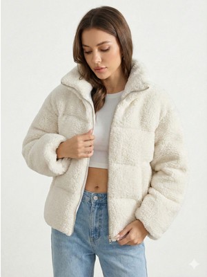 Ribana Classic Kadın Ekru Yüksek Yaka Trend Astarlı Kuzu Şişme Peluş Kumaş Kısa Mont 2283