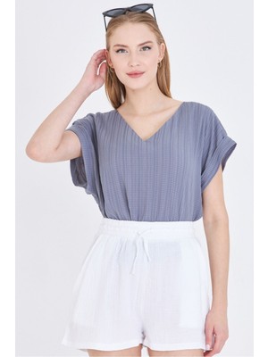 Armonika Kadın Gri V Yaka Yanları Yırtmaçlı Arkası Uzun Duble Kol Detaylı Oversize Bluz ARM-24Y001074