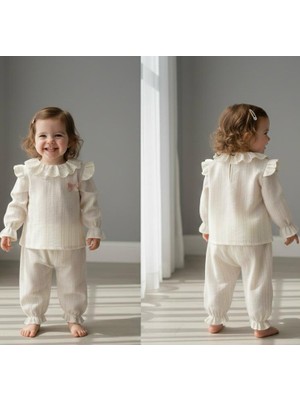 Baby Hola Fiyonk Detaylı Simli Müslin Kız Bebek Üst ve Pantolon Ikili Set Takım Babyhola 2006