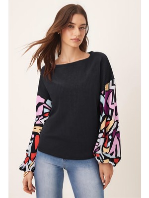 Armonika Kadın Antrasit Kolu Renkli Salaş Bluz ARM-20K001085