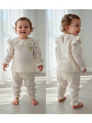 Baby Hola Fiyonk Detaylı Simli Müslin Kız Bebek Üst ve Pantolon Ikili Set Takım Babyhola 2006
