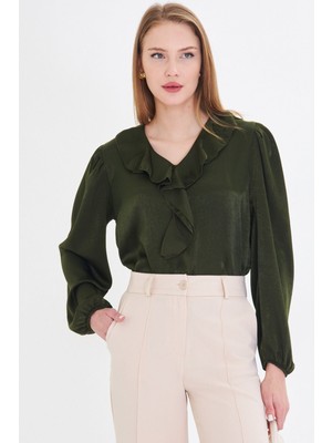 Armonika Kadın Haki Yakası Fırfırlı Omuzu Büzgülü Kolu Lastikli Pamuk Saten Bluz ARM-22K001059