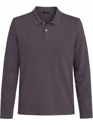 Tudors Erkek Standart Fit Rahat Kesim Pamuklu Yumuşak Dokulu Düz Pike Uzun Kollu Füme Polo Yaka Tişört