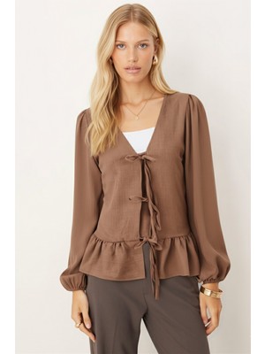 Armonika Kadın Vizon Önden Bağlamalı Etek Ucu Fırfırlı Kolları Lastikli Bluz ARM-26K001019