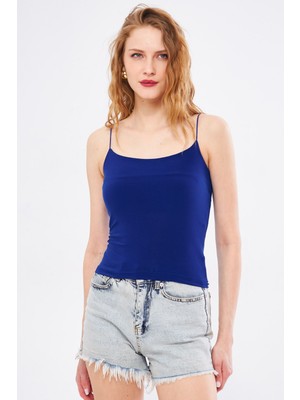 Armonika Kadın Saks Ip Askılı Astarlı Crop Bluz ARM-22Y055003