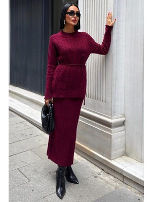 Lijuri Saç Örgü Desenli Kuşaklı Triko Takım 10218 R1-C-K1