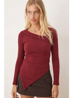 Armonika Kadın Bordo Asimetrik Yaka Uzun Kollu Bluz ARM-26K001082