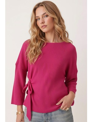 Armonika Kadın Fuşya Sıfır Yaka Yumuşak Dokulu Yarasa Kol Önden Bağlamalı Bluz ARM-26K001021