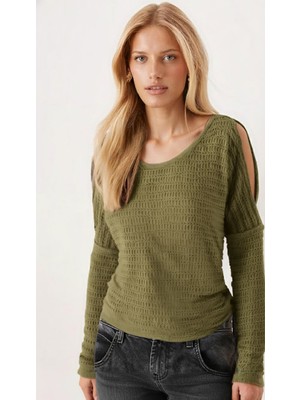 Armonika Kadın Haki Yumuşak Dokulu Omuz Dekolteli Bluz ARM-26K001024