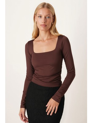 Armonika Kadın Kahve Kare Yaka Uzun Kollu Crop Bluz ARM-26K042004